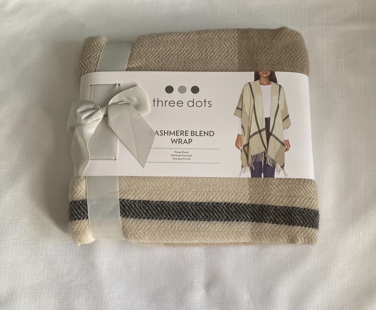 Three Dots Plaid Cashmere Blend Wrap Fringe Soft Tan Black