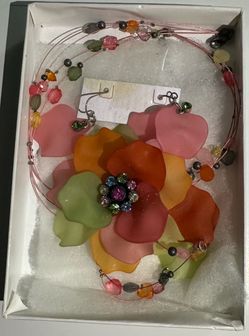 Authentic Signed "You and I" Whimsical Tropical Summer Matte Floral Statement Necklace & Earrings Set