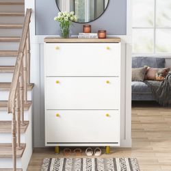 3 Drawer Shoe Cabinet, Freestanding Shoe Rack Storage Organizer with Flip Door, Modern Tipping Bucket Shoe Cabinet for Entryway, Hallway, Bedroom, Sma