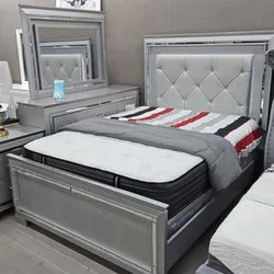 LED Upholstered Silver Bedroom Set Queen or King Bed Dresser Nightstand Mirror Chest Options  Allura 