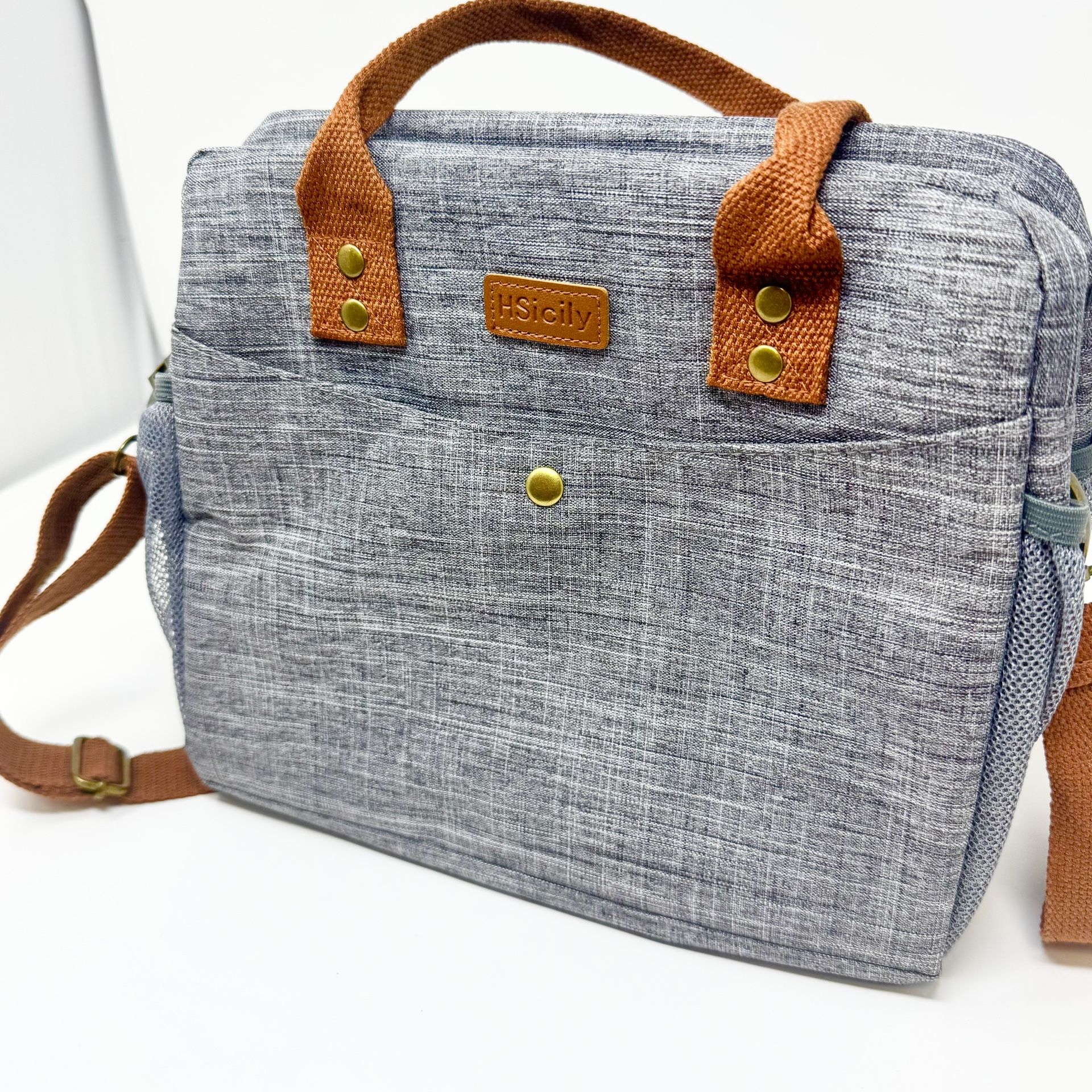 Gray and Brown Insulated Lunch Tote Bag