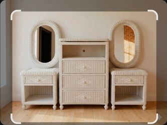 Juego de Cuarto de Mimbre Blanco de 5 Piezas - Estilo Boho / Costero .. : 5-Piece White Wicker Bedroom Set - Boho / Coastal Style