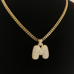 "M" Initial Bubble Pendant with 14K Gold Plated 5mm Cuban Link Necklace Set