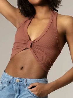 Tiger Friday Ribbed Halter Crop Top with Knot Detail