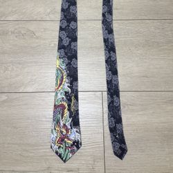 Rare Vintage 1990s Ed Hardy Dragon 100% Silk All Over Print Bow Tie 