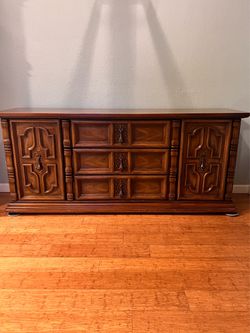 Vintage Wood Dresser with Carved Panel Doors