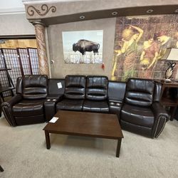Brown Leather Power Sectional 