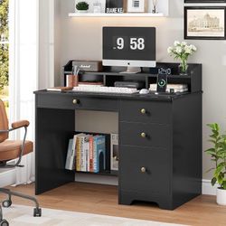 Computer Desk with Drawers and Hutch Shelf, Wood Executive Desk Writing Study Table with 43” Wide Tabletop, Small Desk with File Drawer for Home Offic