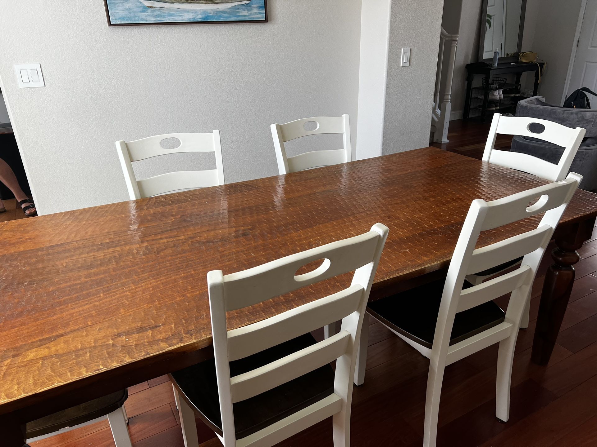 Solid Wood six foot Dining Table w/ Six Brown/White Wood Chairs