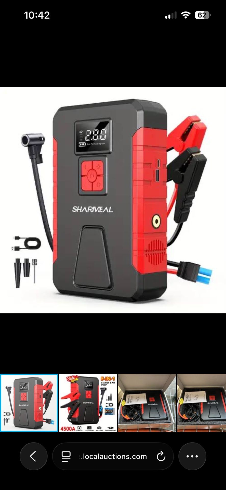 arrancador de coche portátil que también funciona como compresor de aire, de la marca SHARIVMEAL, con una potencia pico de 4500A