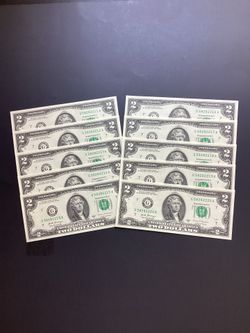10 New, Sequential $2 Dollar Bills with five Fancy Numbers