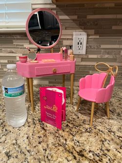 Our Generation Fabulous Fun Pink Vanity Table & Chair Dollhouse Accessory Set for 18'' Dolls