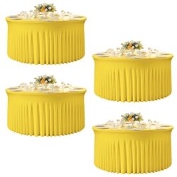 4 Pack 120 Inch Yellow Cloth Tablecloth For 5 FT Round Tables, Stretchy Fitted Circle Picnic Tables Cloths, Spandex Table Cover With Table Skirt For W