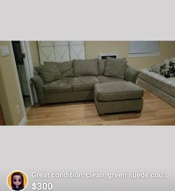 Great condition, clean green suede couch w/storage ottoman