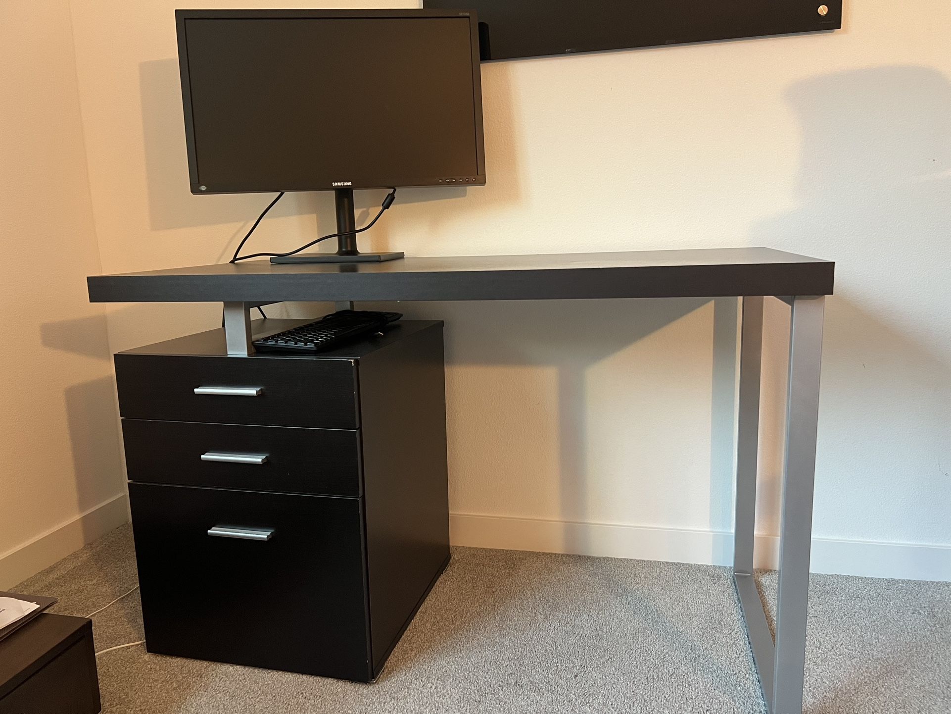 Modern Dark Brown Desk + Drawer Pedestal — FREE Office Chair