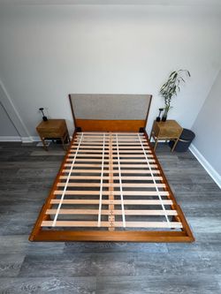 Queen Size Wood Bed Frame with Upholstered Headboard