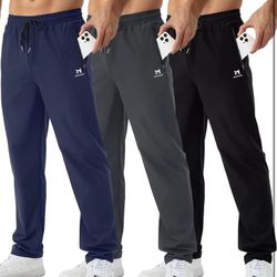 Mens Joggers with Zipper Pockets Open Bottom Sweatpants for Men 3 Pack Lightweight