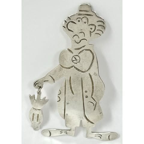 Vintage Mexico Sterling Silver 925 Large Clown with Umbrella Brooch Pin