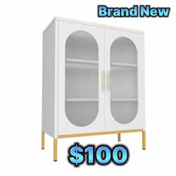 Refined White Fluted Glass 2-Door Cabinet with Adjustable Shelves & Gold Details – Perfect for Kitchen, Office & Dining Spaces