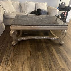 Vintage Large Paint Decorated Carved Marble Top Coffee Table 