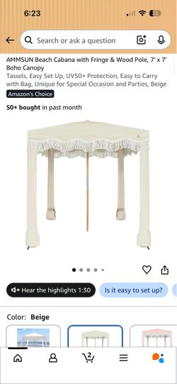 AMMSUN Beach Cabana with Fringe & Wood Pole, 7'× 7' Boho Canopy Tassels, Easy Set Up, UV50+ Protection, Easy to Carry with Bag, Unique for Special Occ