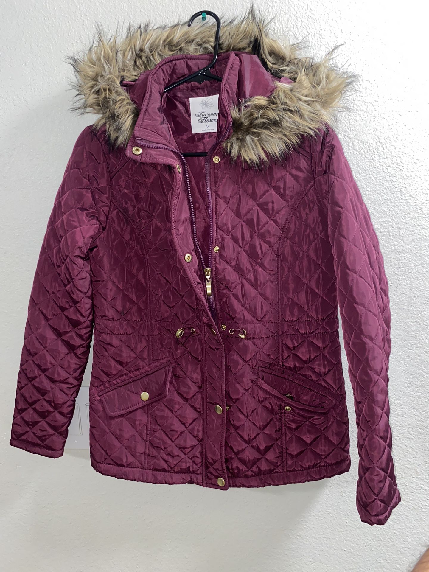 Small Burgundy Quilted Faux Fur Hooded Jacket