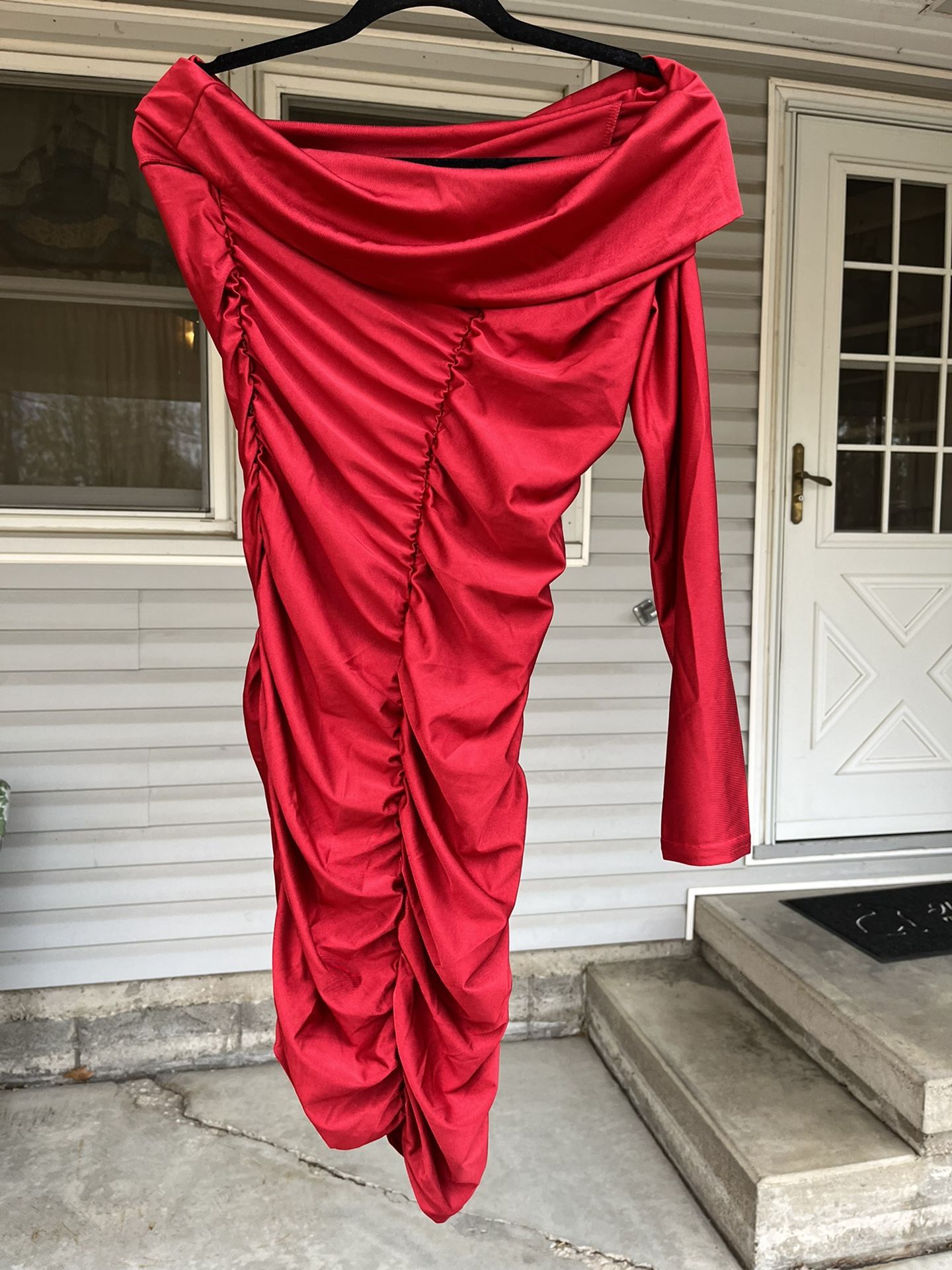 Dress, Women's One Shoulder Ruffle Dress Sexy Ruched Bodycon Mini Cocktail Party Dresses Burgundy