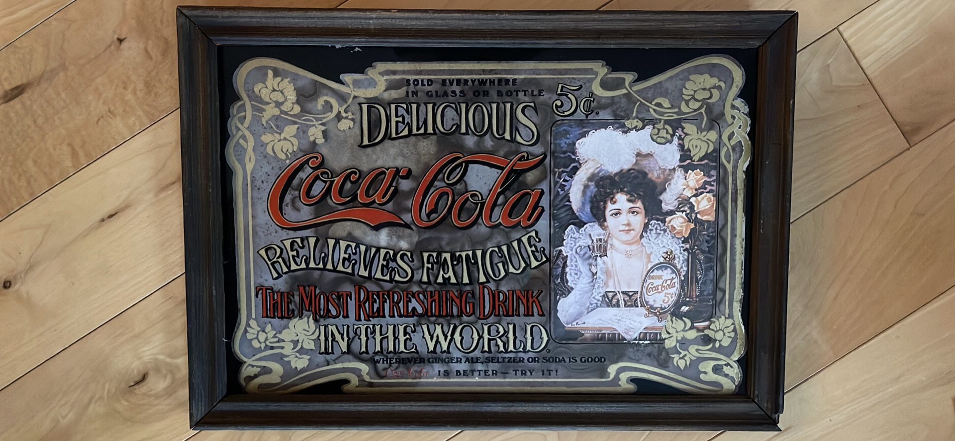 Vintage five cent Coca-Cola mirrored framed beer sign