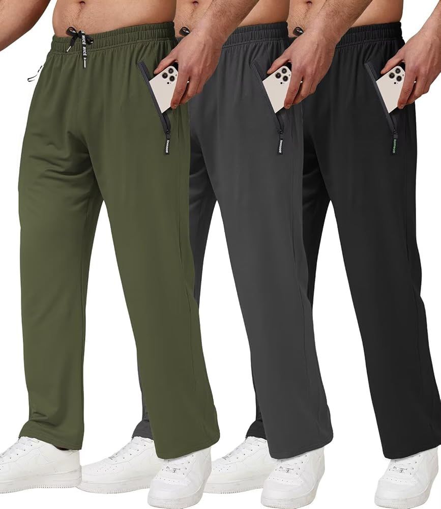 3 Pack Men's Athletic Pants with Zip Pockets, Lightweight, Quick Dry, Workout Sweat Pants