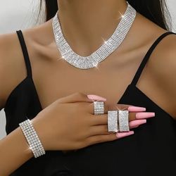 Woman jewelry 1 Pair of Earrings, 1 Necklace, 1 Bracelet, 1 Ring - Glamorous Rhinestone Jewelry 