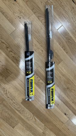 New Rain-X Silicone Endura wiper blades are made of black silicone. This set includes one 20-inch blade and one 26-inch blade. The blades have climate