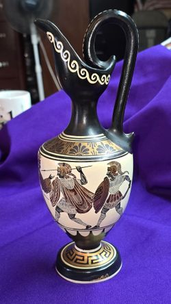 Hand Made Greek Pottery Pitcher with Athena Killing Warriors Scene Hand Made and Painted in Greece M1B006