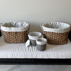 4 Pc Wicker Seagrass Lined Storage Baskets 