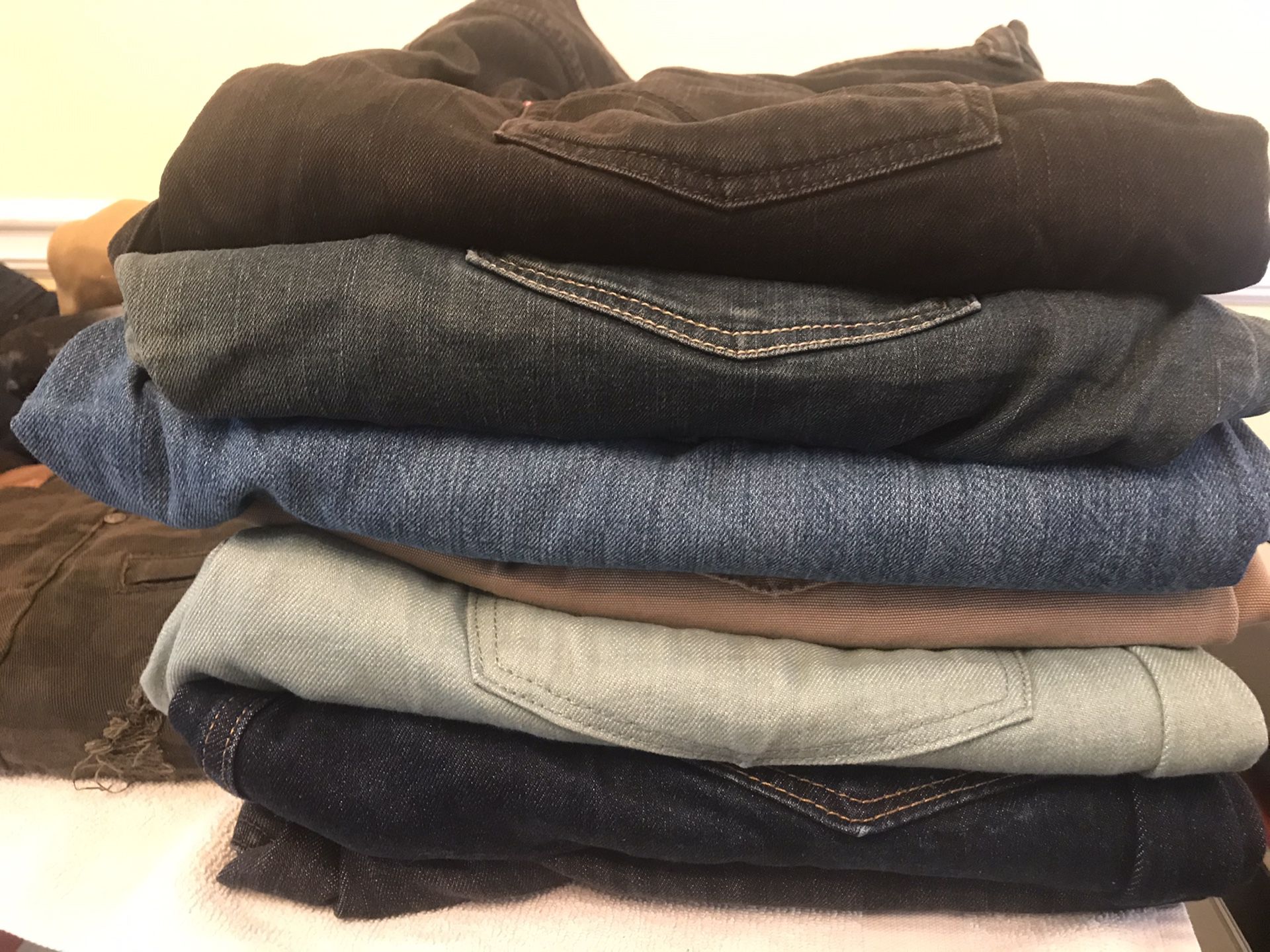 Jeans, Pants, denim, shirts, polos, leather bags