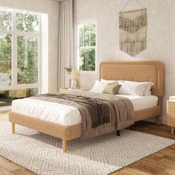 Queen Size Boucle Bed Frame with Adjustable Headboard, Cloud Boucle Upholstered Platform Bed Frame, Rounded Corners Design & Easy Assembly, Box Spring