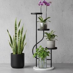 3-Tier Corner Plant Stand Tall Marble Base Plant Pot Tray Display Stand Holder Indoor Outdoor Metal Flower Rack Ladder Shelf for Home Office Garden Pa
