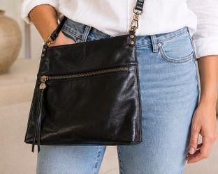 HOBO Black Leather Crossbody Bag | Genuine Leather | Brass Hardware | Adjustable Strap