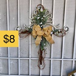 Decorative Metal Spring Cross with Burlap Bow (SELLING FOR $8)