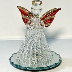 Angel glitter wings mirror base glass figurine 4”