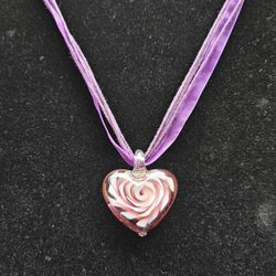 Blown Glass Heart Pendant On Multi-strand Purple Cord Necklace 