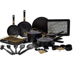 Thyme & Table 32-Piece Aluminum Ceramic Non-Stick Cookware Set - Black Pots and Pans