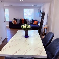 White Faux Marble Dining Table w/4 Luxe Chairs