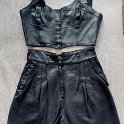 Women’s Vintage Genuine Leather 2-Piece Set – Crop Top & High-Waisted Shorts