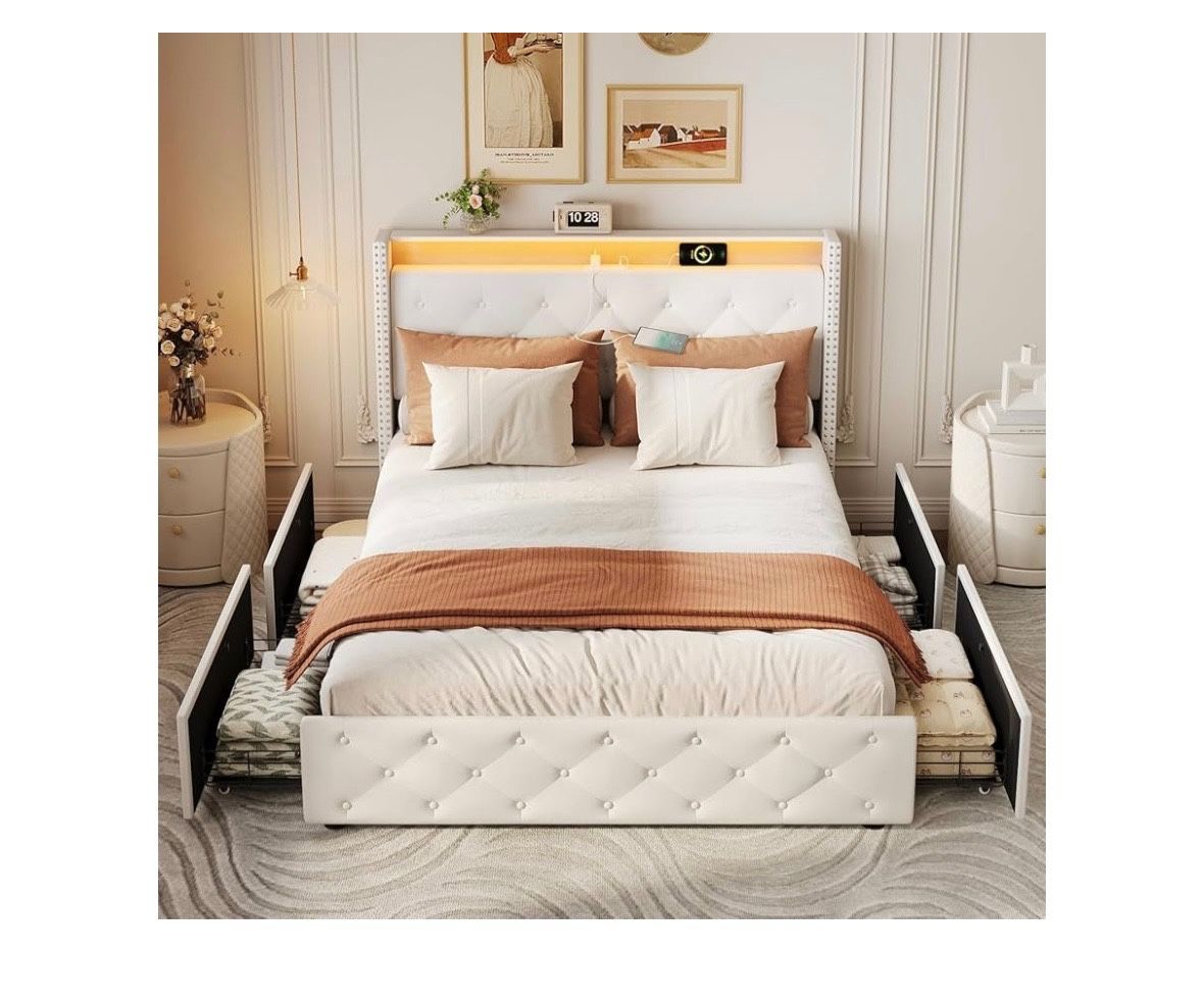 White Queen Bed Frame With LED Lights