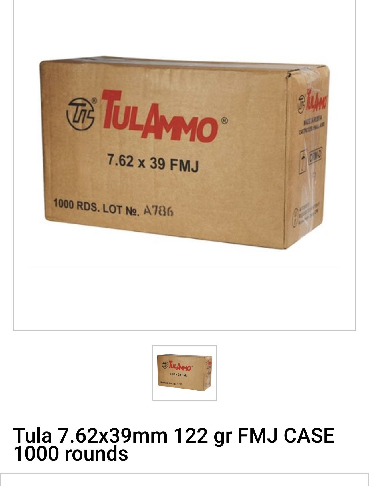 TULA - 7.62x39 122GR FMJ - 1000 Rounds