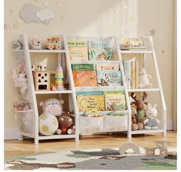 Kids Bookshelf and Toy Storage Organizer, Triangle Frame with Extra Wide 3-Tier Sling Pockets, Freestanding Montessori Book Display Rack for Toddler R