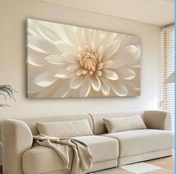 Large White Floral Canvas Wall Art – Modern Neutral Flower Painting – 24” x 48”