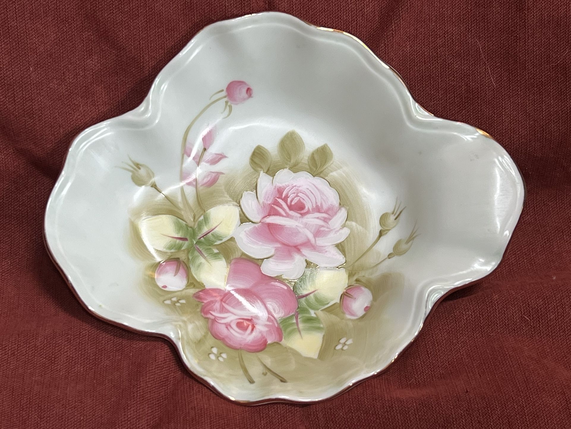 Lefton China green heritage rose hand painted 7” candy or nut dish # 1860