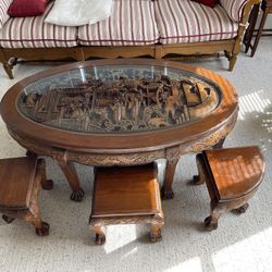 Oval Deep Carved Table W/glass top & 6 Stools