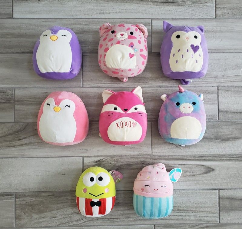 $5 each - Squishmallows 7"- 8" Size.  Bottom row has their hang tag. 